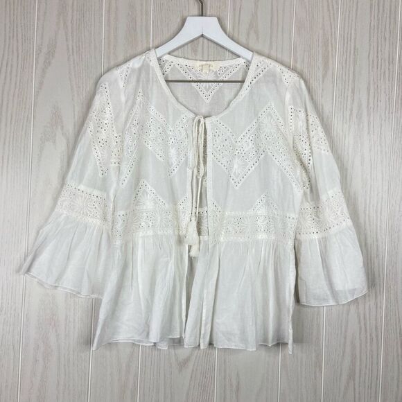 Adiva Tie Front Top White Eyelet Size Medium 100% Cotton Bell Sleeves Boho Beach - Picture 1 of 6